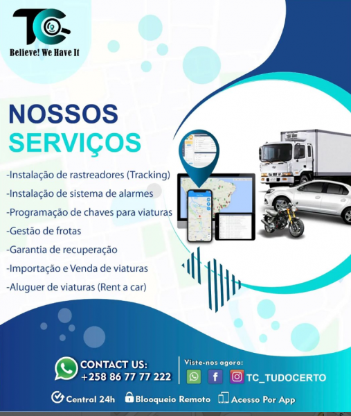 Nossos serviços: ▪︎Instalação de rastreadores (Tracking); ▪︎Instalação de sistema de alarmes; ▪︎Programação de chaves para viaturas; ▪︎Gestão de frotas; ▪︎Garantia de recuperção; ▪︎Importação e venda de viaturas; ▪︎Aluguer de viaturas (Rent a Car).