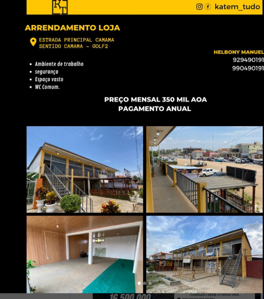 LOJA NO CAMAMA em Arrendamento. Sentido camama - Golf 2 | Frente a estrada principal / Energia e Água corrente / Estacionamento comum / Segurança. PREÇO: 350 mil Kz negociável | 929490191 - 990490191.