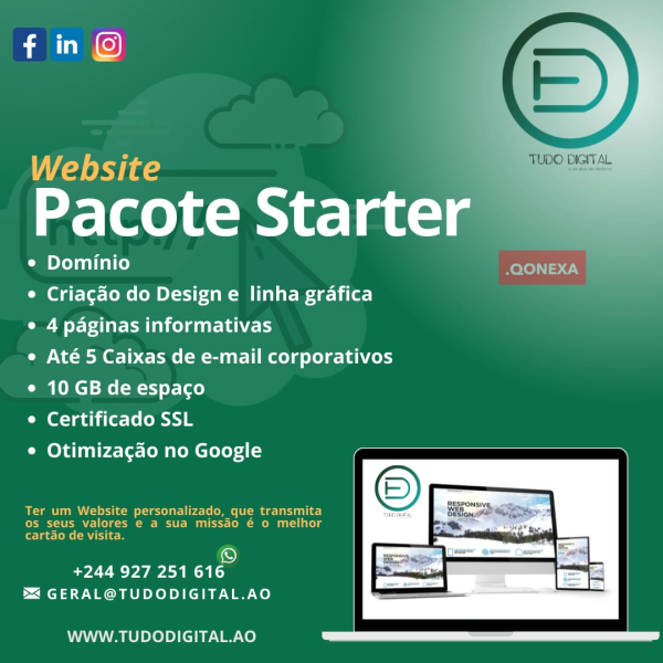 Pacotes criação websites Dispomos de 3 pacotes -Starter, Corporativo e  loja online, a medida de cada cliente, preços começam a partir de 150 000 kz, todos contemplam, emails corporativos.