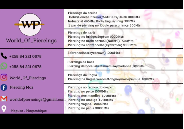 PREÇOS _ Piercings, E Acessórios