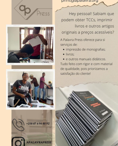 SERVIÇOS _ Somos especializados em: • Impressão de livros - Tamanhos A4, A5 & Pocket Book (A6); • Impressão de Trabalhos TCC - Encadernação; - Laminação de capas