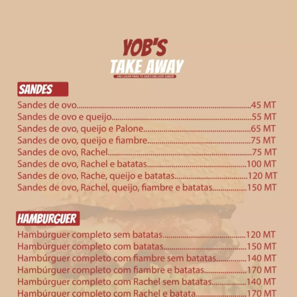 SERVIÇOS DE ALIMENTAÇÃO _ ALIMENTAÇÃO FAST FOOD  COMIDA SABOR EXTRA Yob's Take Away Um lugar para te dar o melhor sabor.