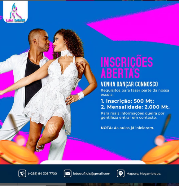 inscrições estão abertas e as aulas já iniciaram.  Os requisitos para fazer parte da nossa escola: 1. Inscrição - 500MT 2. Mensalidade - 2.000MT