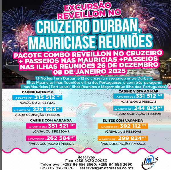 CRUZEIRO DURBAN- MAURICIAS-REUNIÃO- ILHA DOS PORTUGUESES 26-08 JANEIRO 2025