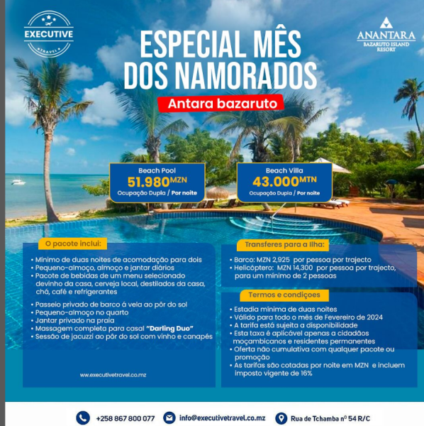 Especial mes dos Namorados no Anantara Bazaruto Resort