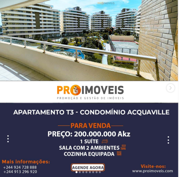 Apartamento T3 situado no Condomínio Acquaville Residencial Talatona, em Talatona.