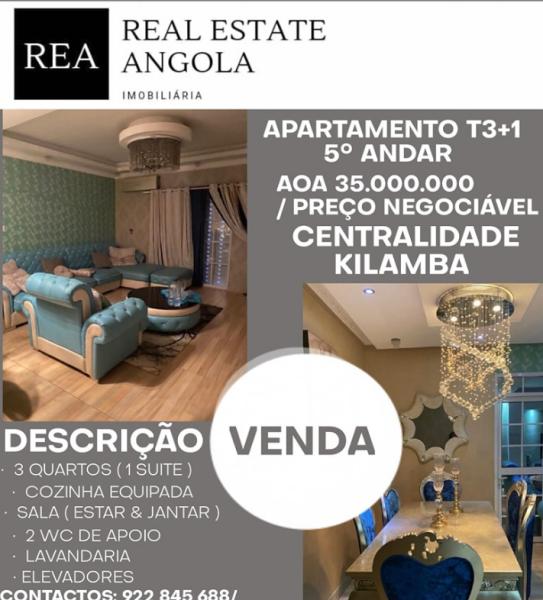 *VENDA*  *Apartamento*  *Centralidade do Kilamba*  *Pago na Totalidade*  🔰Tipologia:T3+1 🔰Andar:5 🔰Quarteirão: W