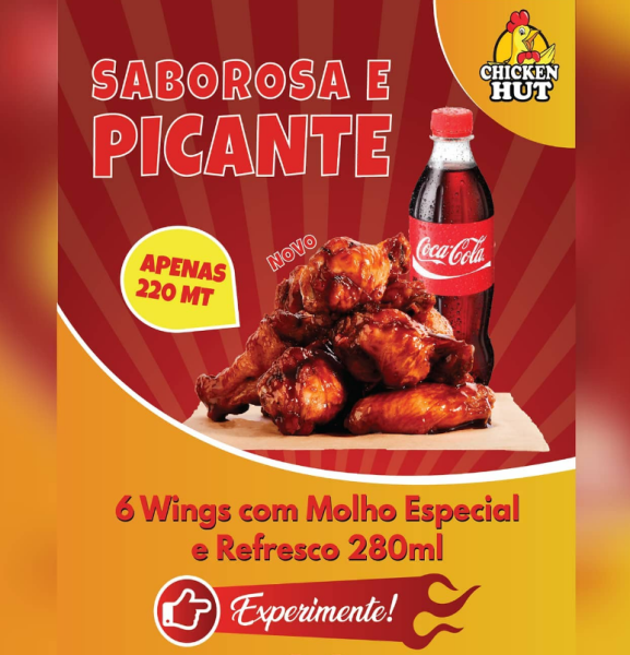 Chicken Wigns! São 6 Wings + Refresco 280ml, por apenas 220MT.