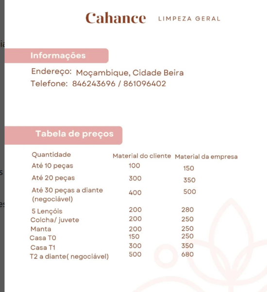 SERVIÇOS DE LIMPEZA TABELA DE PREÇOS