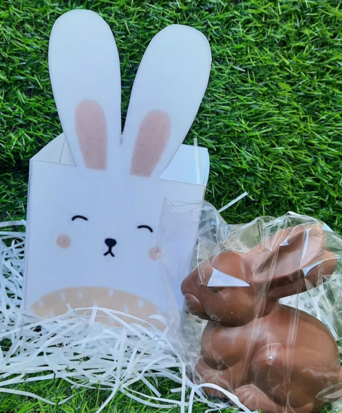 Contém: - Caixa de 10x10; - 1 Coelho da Páscoa médio de 75gr.  700MT