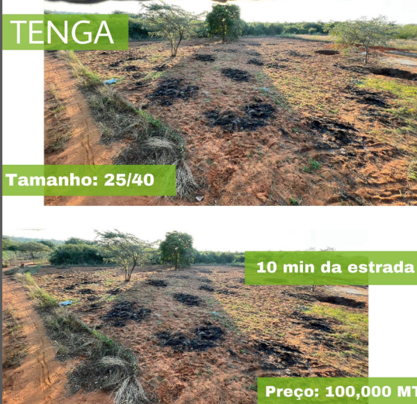 Vende se Terreno em Tenga (depois do txumene na balança) - 25/40 - Todos documentos em dia - A zona tem água - É uma zona habitada - Zona alta com energia - O terreno está a 10 minutos da estrada. Preço: 100.000MT