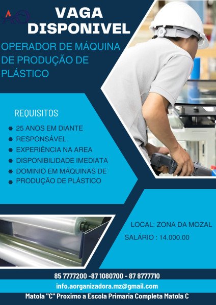 Vagas disponíveis operador de Máquina de produção de plástico