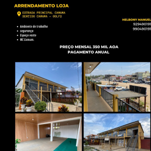 LOJA NO CAMAMA em Arrendamento. Sentido camama - Golf 2 | Frente a estrada principal / Energia e Água corrente / Estacionamento comum / Segurança. PREÇO: 350 mil Kz negociável | 929490191 - 990490191.