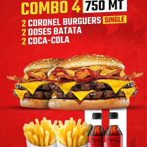 Combo 4 2 Coronel Burger single  2 Doses de batata 2 Coca Cola Zero 350M