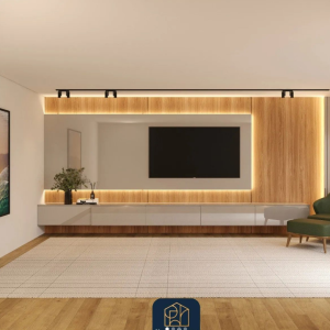 Um rack com painel termolaminado em cinza, MDF em cor castanha claro e iluminação em LED.