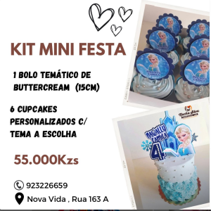 KIT MINI FESTA 🎂1 BOLO TEMÁTICO DE BUTTERCREAM (15cm) 🧁6 CUPCAKES PERSONALIZADO C/ TEMA A ESCOLHA 💰55.000 KZS