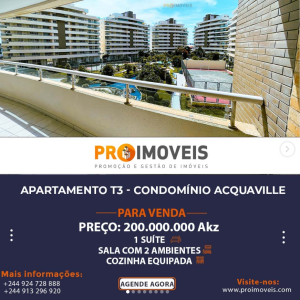 Apartamento T3 situado no Condomínio Acquaville Residencial Talatona, em Talatona.