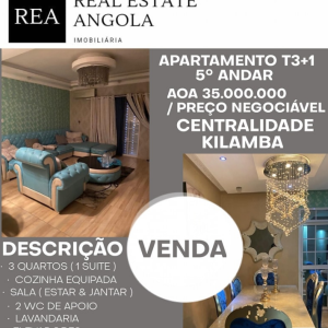 *VENDA*  *Apartamento*  *Centralidade do Kilamba*  *Pago na Totalidade*  🔰Tipologia:T3+1 🔰Andar:5 🔰Quarteirão: W